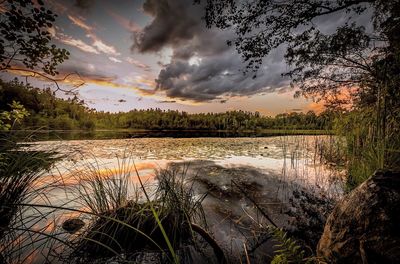 Scenic view of lake against cloudy sky