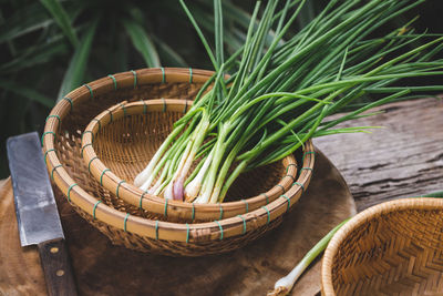 Close-up of wicker basket on table