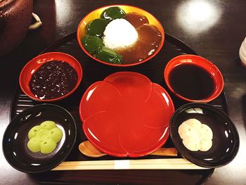 High angle view of breakfast on table