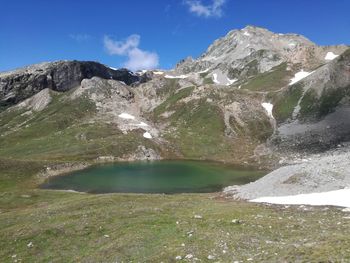 Scenic view of lake and mountains against sky