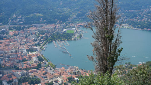 High angle view of river amidst buildings in city