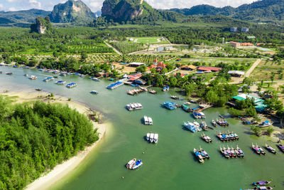 High angle view of speed boat passenger on the beach and sailing on the sea pang nga thailand 