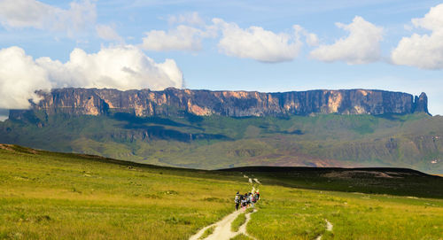Horse cart on road by mountains against sky