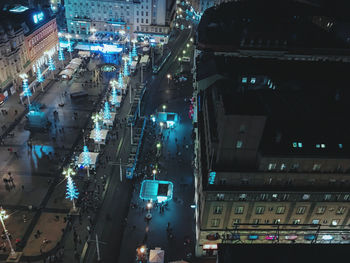 High angle view of traffic on city street at night