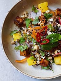 High angle view of fruit salad in bowl