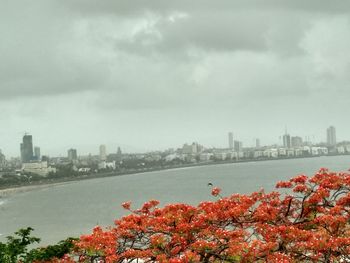 Scenic view of river by buildings against sky