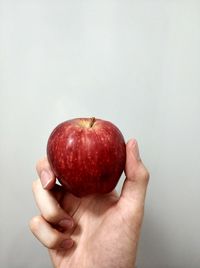 Cropped image of hand holding apple against white background