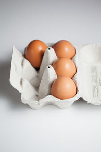 Close-up of eggs against white background