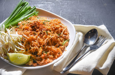 Close-up of food in plate.pad thai is delicious thai food style. 