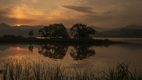 Scenic view of lake against sky during sunset