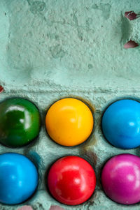 Close-up of easter eggs in carton