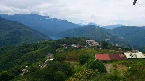 High angle view of houses and mountains