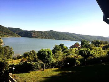 Scenic view of lake by trees against clear sky