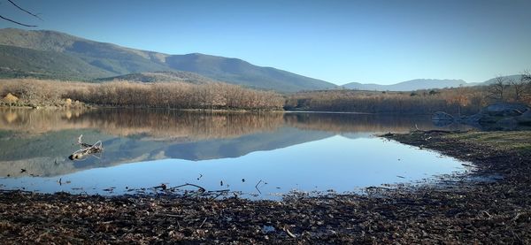 Scenic view of lake against clear blue sky