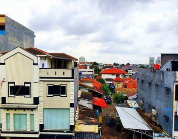 High angle view of buildings against sky