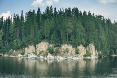 Scenic view of lake by trees against sky