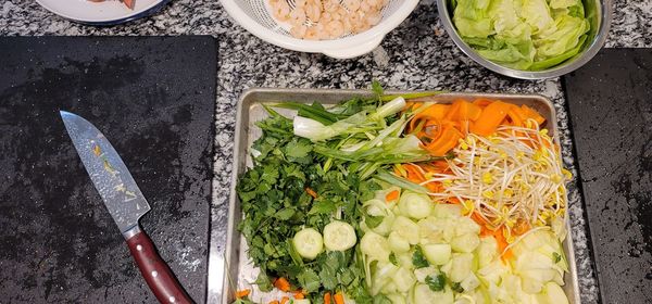 High angle view of chopped vegetables in bowl