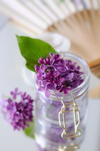 Close-up of purple flower in glass vase on table