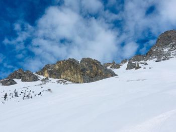 Low angle view of snow covered mountain against sky