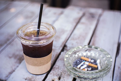 High angle view of drink on table