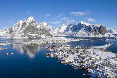 Scenic view of snowcapped mountains and lake against sky