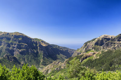 Scenic view of mountains against clear blue sky