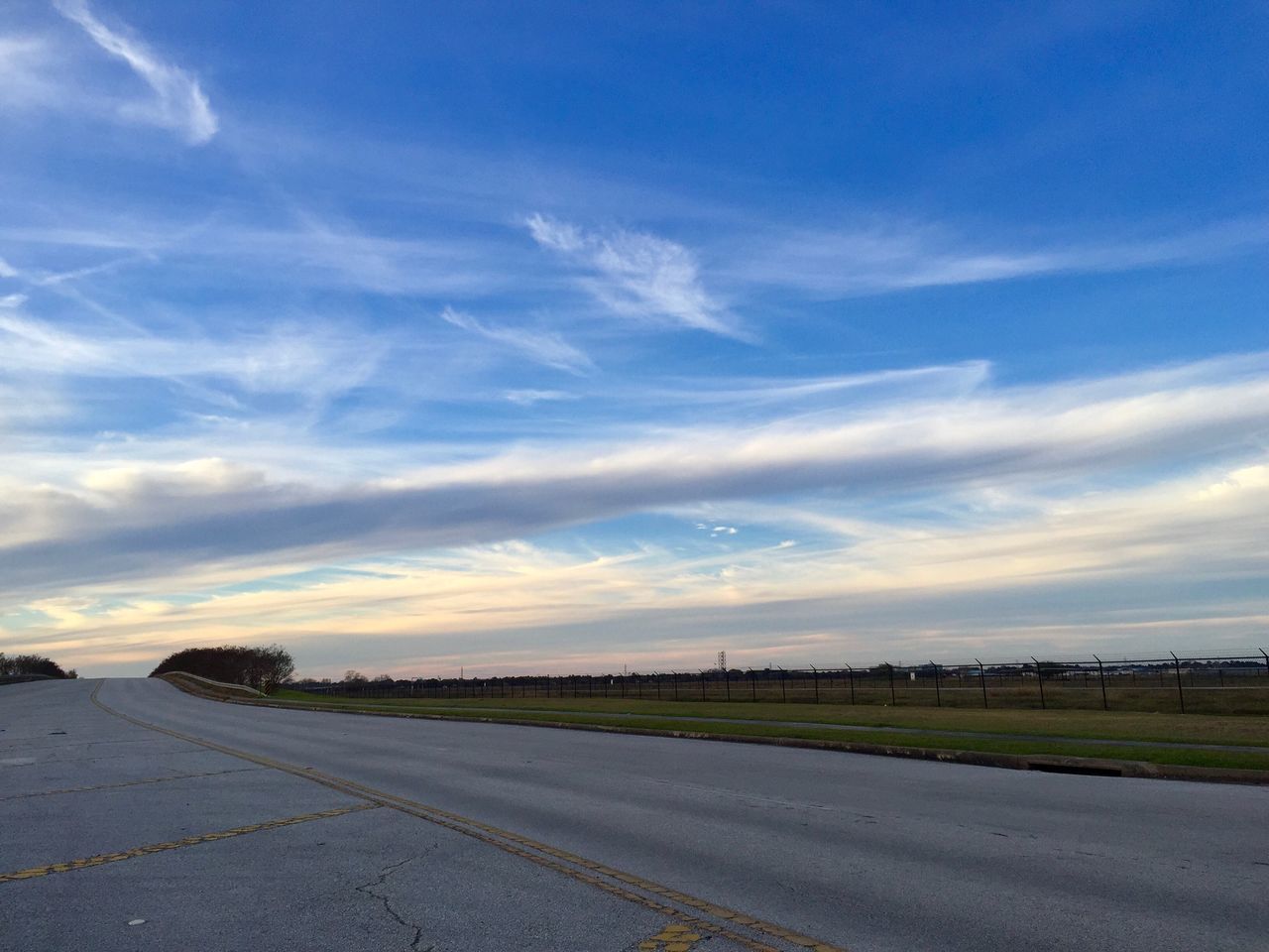 sky, transportation, road, outdoors, the way forward, cloud - sky, blue, nature, day, scenics, no people, beauty in nature, landscape, airplane