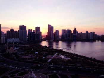 City skyline at sunset