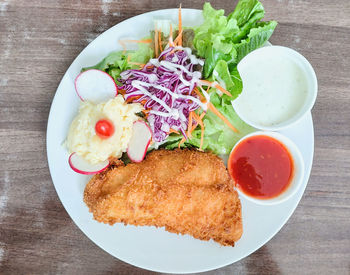High angle view of breakfast served on table