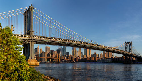 Golden gate bridge over river against sky in city