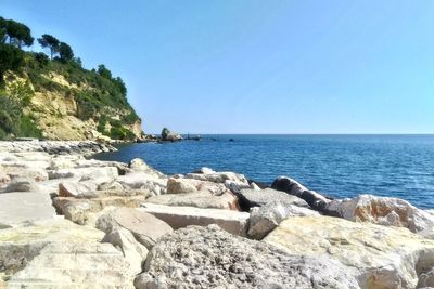 Rocks by sea against clear blue sky