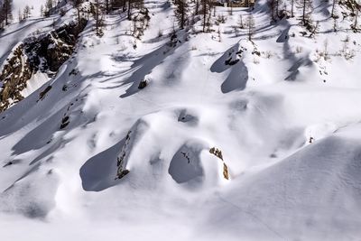 High angle view of snow covered land