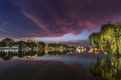 Scenic view of lake against sky at sunset