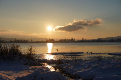 Scenic view of lake against sky during sunset