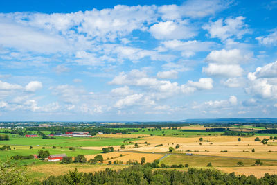 Cultivated area with farms and fields from an aerial view