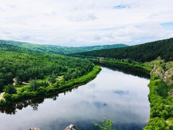 Scenic view of river in forest against sky