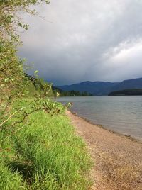 Scenic view of lake against cloudy sky