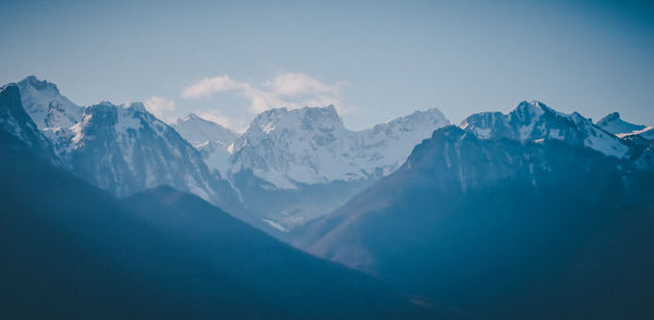 Scenic view of snowcapped mountains against sky