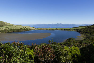 Scenic view of lake against clear blue sky