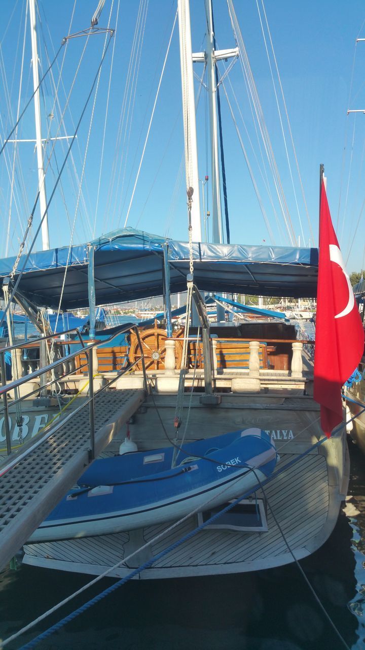 SAILBOATS MOORED IN HARBOR