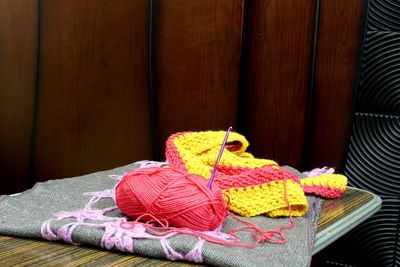 Close-up of wool ball on table