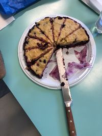High angle view of cake in plate on table