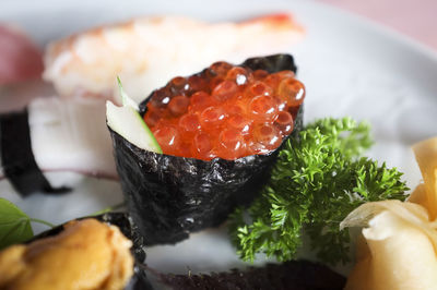 Close-up of fresh seafood served in plate