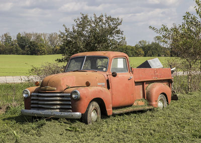 Vintage car on grass against sky