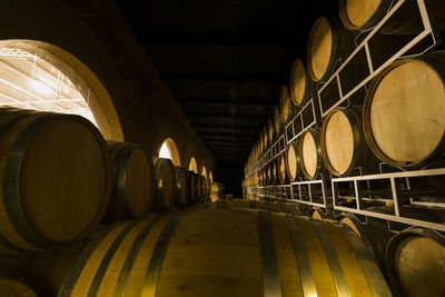 Cellar with wooden barrels to store wine, beer, rum, whiskey