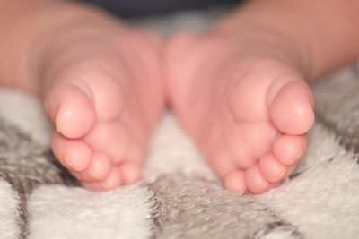 Low section of baby on bed at home