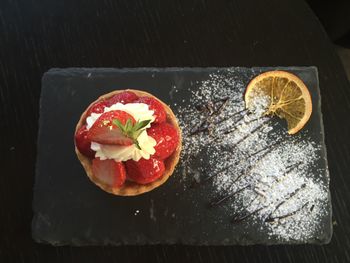 High angle view of dessert on slate