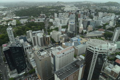 High angle view of modern buildings in city