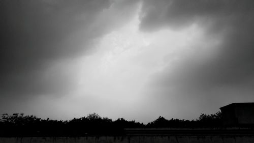 Low angle view of trees against cloudy sky