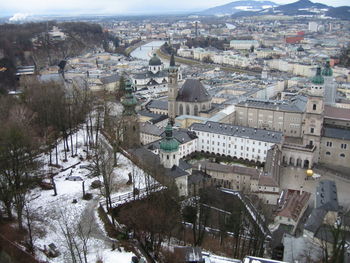 High angle view of buildings in city